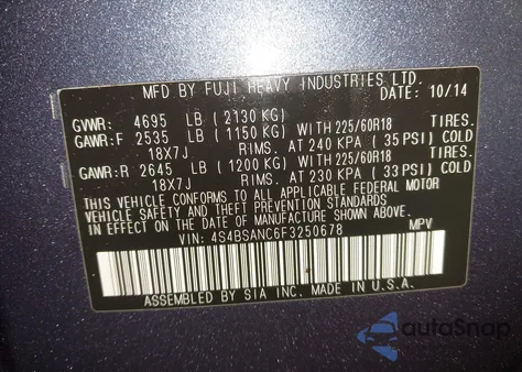 2015 Subaru Outback 2.5I Limited z USA, uszkodzony, nr VIN 4S4BSANC6F3250678